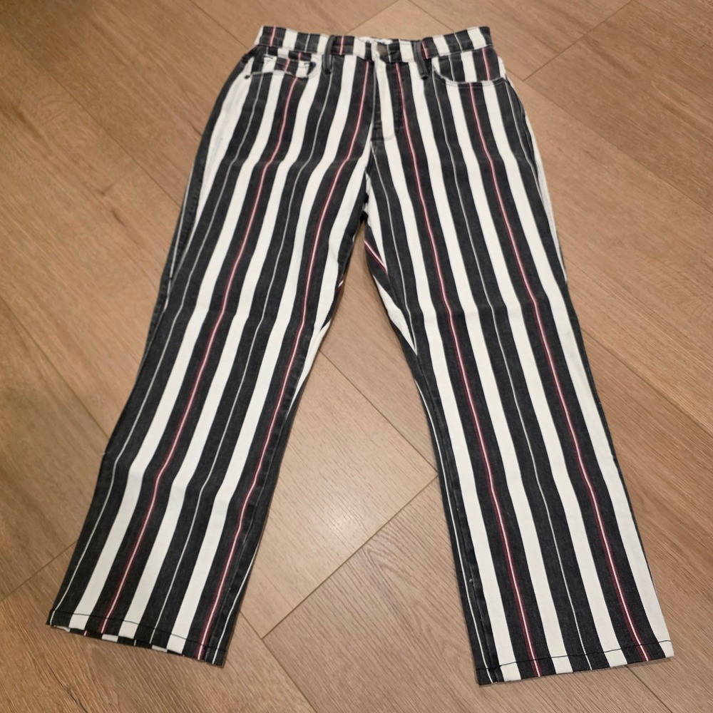 Frame Denim Le Sylvie Slender Straight Band Stripe Jeans Black White Red 26